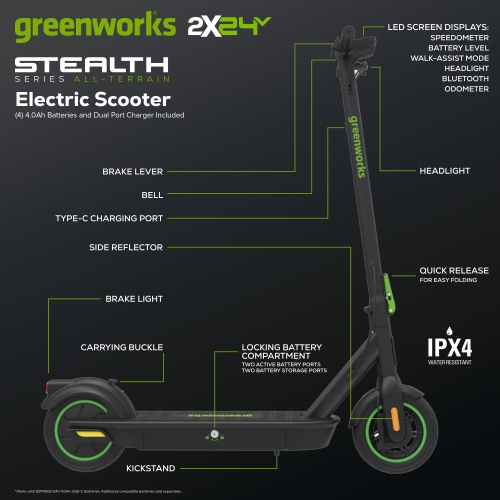 Greenworks 48V STEALTH Series Electric Scooter, (4) 4.0Ah Batteries and Dual Port Charger Included