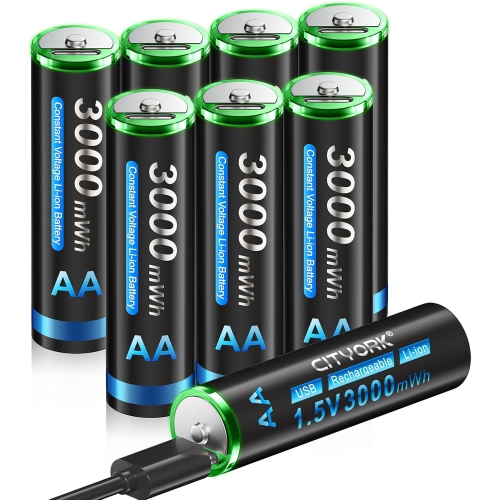 CITYORK 8 Pack AA Rechargeable Lithium Batteries, 1.5V AA 3000mWh Lithium Batteries 1200 Cycles, 2H Fast Charging for Solar Lights, Bike Light,