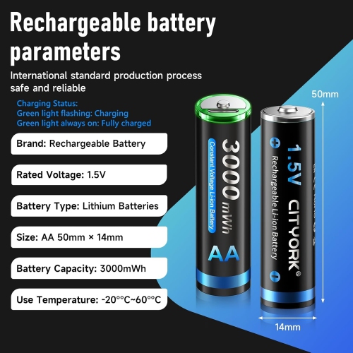CITYORK 8 Pack AA Rechargeable Lithium Batteries, 1.5V AA 3000mWh Lithium Batteries 1200 Cycles, 2H Fast Charging for Solar Lights, Bike Light,