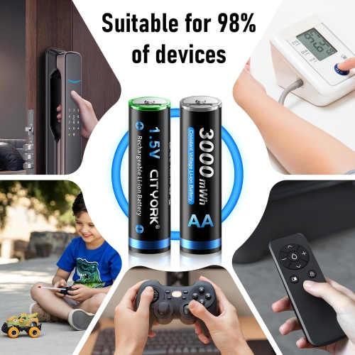 CITYORK 8 Pack AA Rechargeable Lithium Batteries, 1.5V AA 3000mWh Lithium Batteries 1200 Cycles, 2H Fast Charging for Solar Lights, Bike Light,