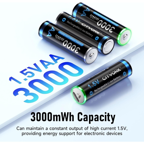 CITYORK 8 Pack AA Rechargeable Lithium Batteries, 1.5V AA 3000mWh Lithium Batteries 1200 Cycles, 2H Fast Charging for Solar Lights, Bike Light,