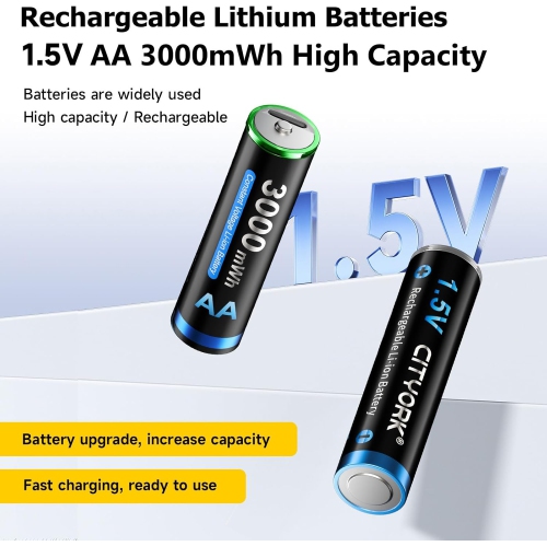CITYORK 8 Pack AA Rechargeable Lithium Batteries, 1.5V AA 3000mWh Lithium Batteries 1200 Cycles, 2H Fast Charging for Solar Lights, Bike Light,