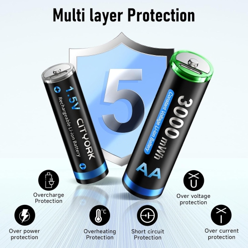 CITYORK 8 Pack AA Rechargeable Lithium Batteries, 1.5V AA 3000mWh Lithium Batteries 1200 Cycles, 2H Fast Charging for Solar Lights, Bike Light,