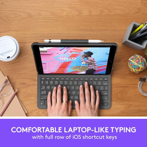 Refurbished - Logitech Slim Folio Keyboard Case for iPad 7th, 8th, 9th Gen, Water Resistant, Bump Resistant, Scratch Resistant, Laptop-Like Typing -