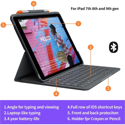 Refurbished - Logitech Slim Folio Keyboard Case for iPad 7th, 8th, 9th Gen, Water Resistant, Bump Resistant, Scratch Resistant, Laptop-Like Typing -