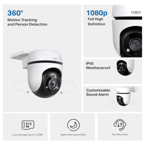 TP-Link Tapo 1080p Pan/Tilt Outdoor Wired Security Wi-Fi Camera, 360° Visual Coverage, Up to 98ft Night Vision, Motion/Person Detection, Physical