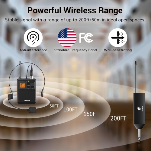 TONOR UHF Wireless Microphone System with Headset Mic/Lavalier Lapel Mic, Bodypack Transmitter.