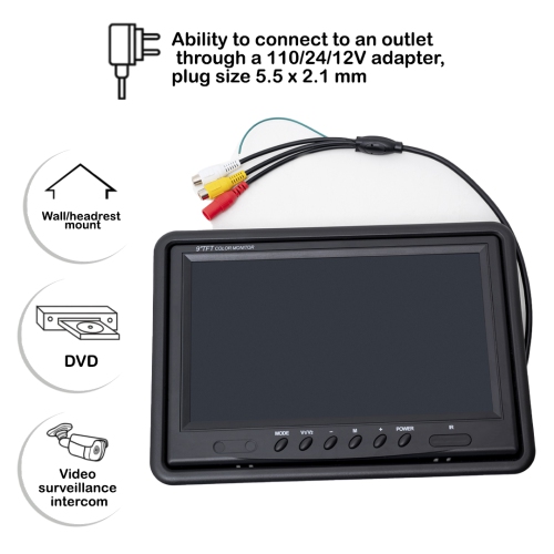 DenyDan 9-Inch HD Car Monitor – Dual Video Input AV1/AV2, 800x480 Resolution, 9-36V Compatible, Wide 170° Viewing Angle, for Backup Camera &