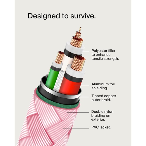 Belkin BoostCharge 2M/6.6ft Braided USB-C to USB-C Cable - Pink, Fast Charging & Data Transfer for iPhone 16 Series, Galaxy S24, S23, Pixel 8, 7,