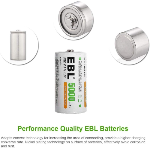 6 piles rechargeables rechargeables à cellules C d'EBL 1,2&nbsp;V; Piles Ni-MH C de 5000&nbsp;mAh; 1500 cycles