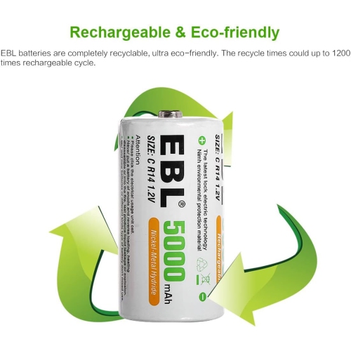 6 piles rechargeables rechargeables à cellules C d'EBL 1,2&nbsp;V; Piles Ni-MH C de 5000&nbsp;mAh; 1500 cycles