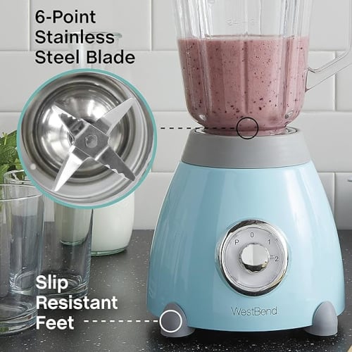 WEST BEND Blender Retro-Styled 3 Speeds with 48 oz Glass Blending Jar and Stainless Steel Blade, 500-Watts, Blue