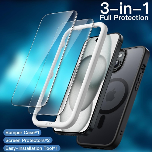 3 in 1 Magnetic Case for iPhone 15 6.1-Inch with 2 Pack Tempered Glass Screen Protectors, Compatible with MagSafe, Translucent Matte Back Shockproof