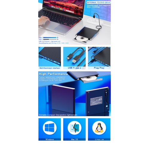 New High-Speed ​​USB/Type-C Blu-ray Drive for Laptops and Mobile PCs - 7-in-1 Multi-Function [Blu-ray BD-ROM] Reads/Plays All BD/DVD/CD/VCD Discs