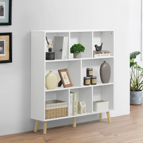 CAPHAUS 8 Cube 3 Tier Mid Century Bookshelf, 40” Wide Wooden Cube Storage Organizer with Legs, Open Shelf Bookcase, Modern Shelving for Living Room,