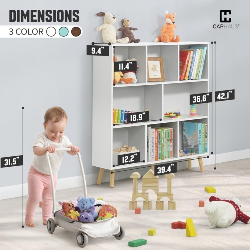 CAPHAUS 8 Cube 3 Tier Mid Century Bookshelf, 40” Wide Wooden Cube Storage Organizer with Legs, Open Shelf Bookcase, Modern Shelving for Living Room,