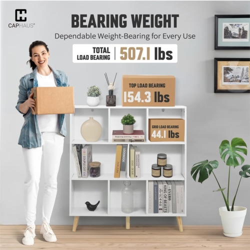 CAPHAUS 8 Cube 3 Tier Mid Century Bookshelf, 40” Wide Wooden Cube Storage Organizer with Legs, Open Shelf Bookcase, Modern Shelving for Living Room,