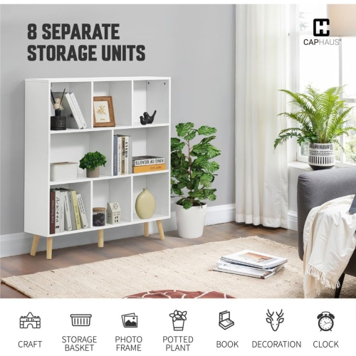 CAPHAUS 8 Cube 3 Tier Mid Century Bookshelf, 40” Wide Wooden Cube Storage Organizer with Legs, Open Shelf Bookcase, Modern Shelving for Living Room,