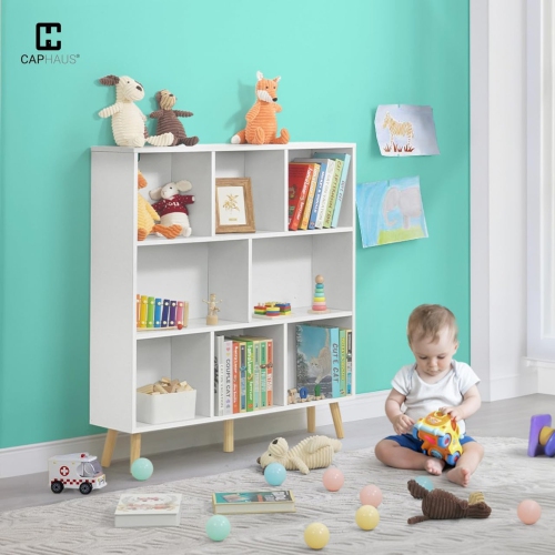 CAPHAUS 8 Cube 3 Tier Mid Century Bookshelf, 40” Wide Wooden Cube Storage Organizer with Legs, Open Shelf Bookcase, Modern Shelving for Living Room,