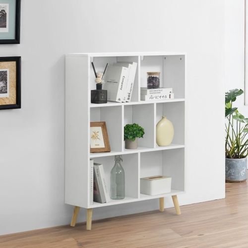 CAPHAUS 7 Cube 3 Tier Mid Century Bookshelf, 32” Wide Wooden Cube Storage Organizer with Legs, Open Shelf Bookcase, Modern Shelving for Living Room,