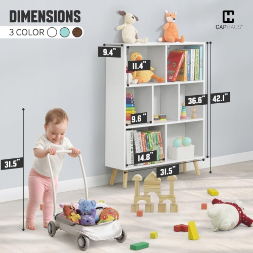 CAPHAUS 7 Cube 3 Tier Mid Century Bookshelf, 32” Wide Wooden Cube Storage Organizer with Legs, Open Shelf Bookcase, Modern Shelving for Living Room,