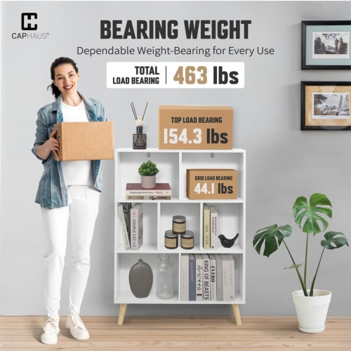 CAPHAUS 7 Cube 3 Tier Mid Century Bookshelf, 32” Wide Wooden Cube Storage Organizer with Legs, Open Shelf Bookcase, Modern Shelving for Living Room,