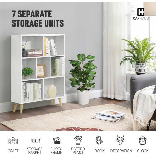 CAPHAUS 7 Cube 3 Tier Mid Century Bookshelf, 32” Wide Wooden Cube Storage Organizer with Legs, Open Shelf Bookcase, Modern Shelving for Living Room,