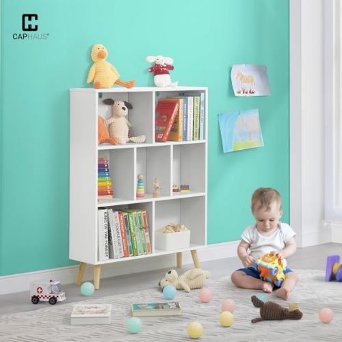 CAPHAUS 7 Cube 3 Tier Mid Century Bookshelf, 32” Wide Wooden Cube Storage Organizer with Legs, Open Shelf Bookcase, Modern Shelving for Living Room,