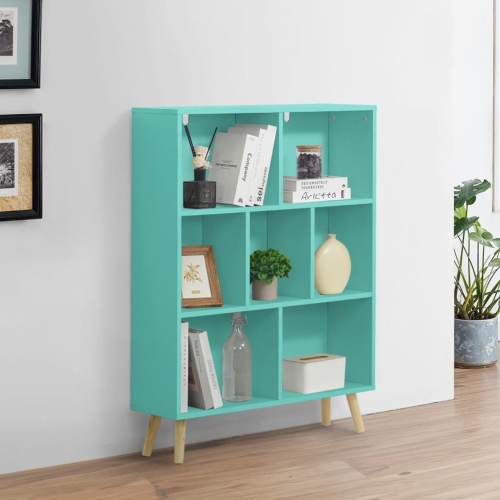 CAPHAUS 7 Cube 3 Tier Mid Century Bookshelf, 32” Wide Wooden Cube Storage Organizer with Legs, Open Shelf Bookcase, Modern Shelving for Living Room,