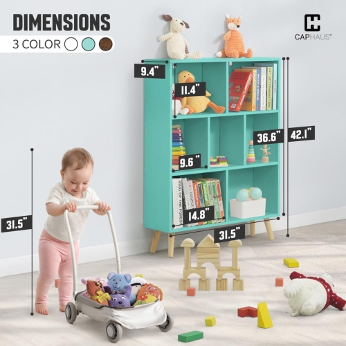 CAPHAUS 7 Cube 3 Tier Mid Century Bookshelf, 32” Wide Wooden Cube Storage Organizer with Legs, Open Shelf Bookcase, Modern Shelving for Living Room,