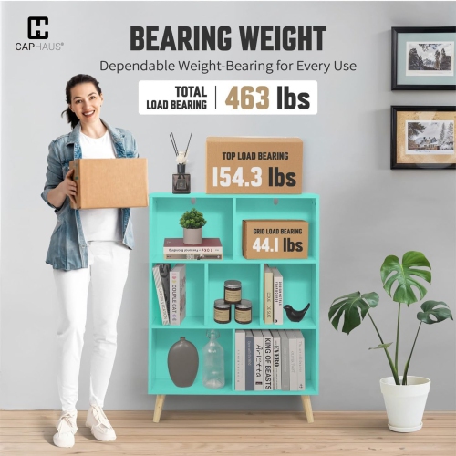 CAPHAUS 7 Cube 3 Tier Mid Century Bookshelf, 32” Wide Wooden Cube Storage Organizer with Legs, Open Shelf Bookcase, Modern Shelving for Living Room,