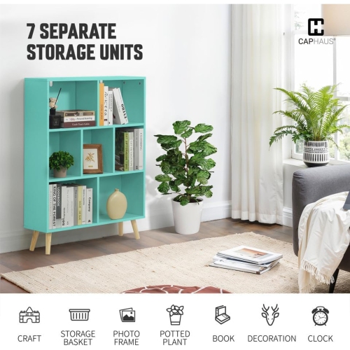 CAPHAUS 7 Cube 3 Tier Mid Century Bookshelf, 32” Wide Wooden Cube Storage Organizer with Legs, Open Shelf Bookcase, Modern Shelving for Living Room,