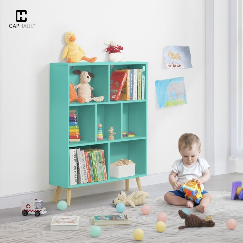 CAPHAUS 7 Cube 3 Tier Mid Century Bookshelf, 32” Wide Wooden Cube Storage Organizer with Legs, Open Shelf Bookcase, Modern Shelving for Living Room,