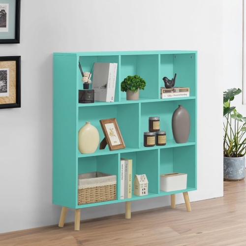 CAPHAUS  8 Cube 3 Tier Mid Century Bookshelf, 40” Wide Wooden Cube Storage Organizer w Legs, Open Shelf Bookcase, Modern Shelving for Living Room