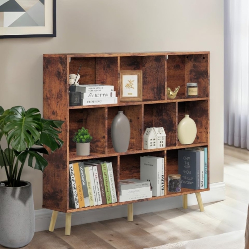 CAPHAUS  10 Cube 3 Tier Mid Century Bookshelf, 48” Wide Wooden Cube Storage Organizer w Legs, Open Shelf Bookcase, Modern Shelving for Living