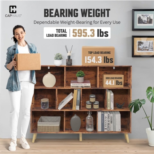 CAPHAUS 10 Cube 3 Tier Mid Century Bookshelf, 55” Wide Wooden Cube Storage Organizer with Legs, Open Shelf Bookcase, Modern Shelving for Living Room,