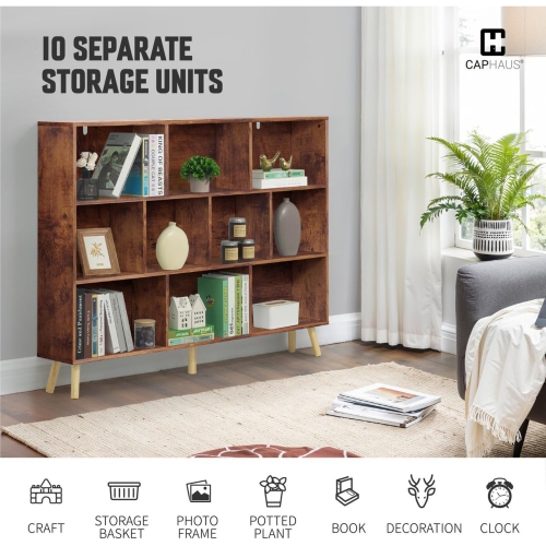 CAPHAUS 10 Cube 3 Tier Mid Century Bookshelf, 55” Wide Wooden Cube Storage Organizer with Legs, Open Shelf Bookcase, Modern Shelving for Living Room,