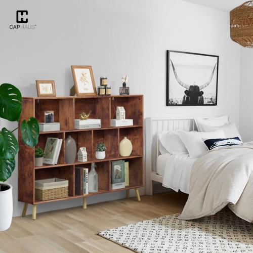 CAPHAUS 10 Cube 3 Tier Mid Century Bookshelf, 55” Wide Wooden Cube Storage Organizer with Legs, Open Shelf Bookcase, Modern Shelving for Living Room,