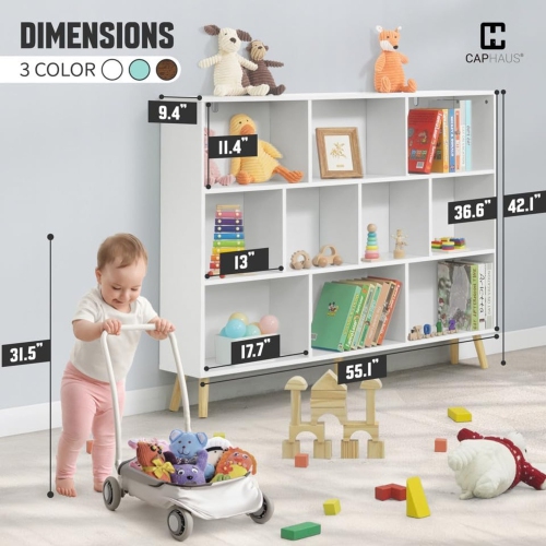 CAPHAUS 10 Cube 3 Tier Mid Century Bookshelf, 55” Wide Wooden Cube Storage Organizer with Legs, Open Shelf Bookcase, Modern Shelving for Living Room,