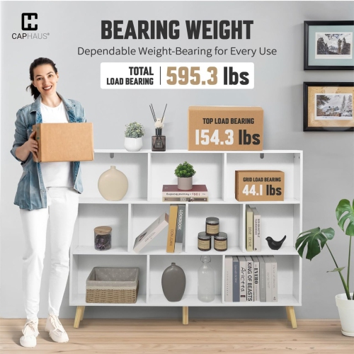 CAPHAUS 10 Cube 3 Tier Mid Century Bookshelf, 55” Wide Wooden Cube Storage Organizer with Legs, Open Shelf Bookcase, Modern Shelving for Living Room,