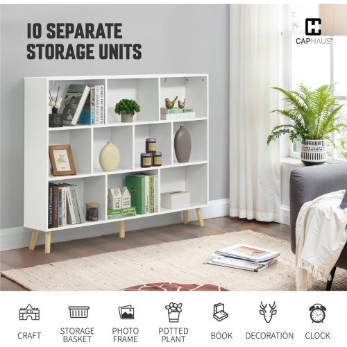 CAPHAUS 10 Cube 3 Tier Mid Century Bookshelf, 55” Wide Wooden Cube Storage Organizer with Legs, Open Shelf Bookcase, Modern Shelving for Living Room,