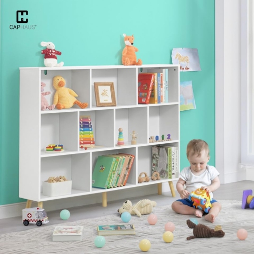 CAPHAUS 10 Cube 3 Tier Mid Century Bookshelf, 55” Wide Wooden Cube Storage Organizer with Legs, Open Shelf Bookcase, Modern Shelving for Living Room,