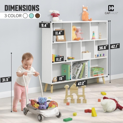 CAPHAUS 10 Cube 3 Tier Mid Century Bookshelf, 48” Wide Wooden Cube Storage Organizer with Legs, Open Shelf Bookcase, Modern Shelving for Living Room,