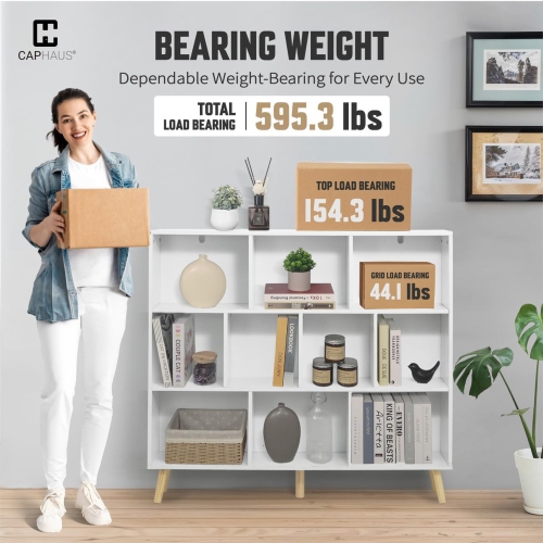 CAPHAUS 10 Cube 3 Tier Mid Century Bookshelf, 48” Wide Wooden Cube Storage Organizer with Legs, Open Shelf Bookcase, Modern Shelving for Living Room,