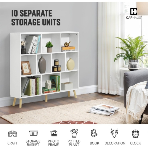 CAPHAUS 10 Cube 3 Tier Mid Century Bookshelf, 48” Wide Wooden Cube Storage Organizer with Legs, Open Shelf Bookcase, Modern Shelving for Living Room,