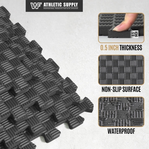 CAPHAUS Interlocking Exercise Foam Mats, Diamond, Tatami, T Pattern 1/2-Inch Thickness Gym Flooring Tiles, Black