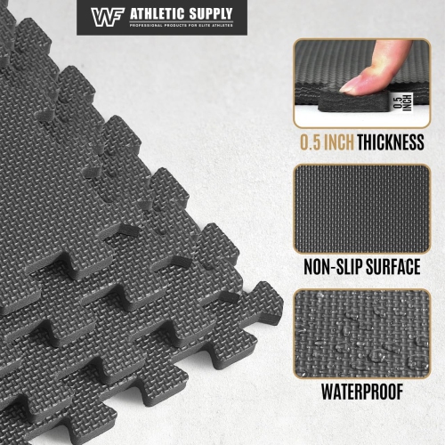 CAPHAUS Interlocking Exercise Foam Mats, Diamond, Tatami, T Pattern 1/2-Inch Thickness Gym Flooring Tiles, Black