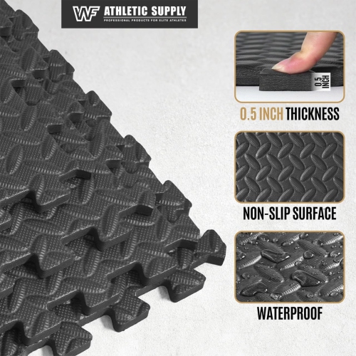 CAPHAUS Interlocking Exercise Foam Mats, Diamond, Tatami, T Pattern 1/2-Inch Thickness Gym Flooring Tiles, Black