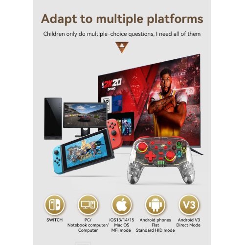 Manette Switch Pro avec vibration de jeu sans fil à 6 axes, éclairage transparent et connexion directe Bluetooth, compatible avec Android et iOS -