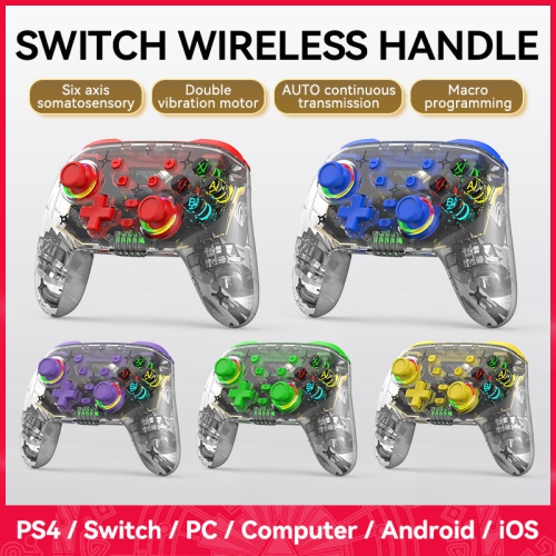 Manette Switch Pro avec vibration de jeu sans fil à 6 axes, éclairage transparent et connexion directe Bluetooth, compatible avec Android et iOS -